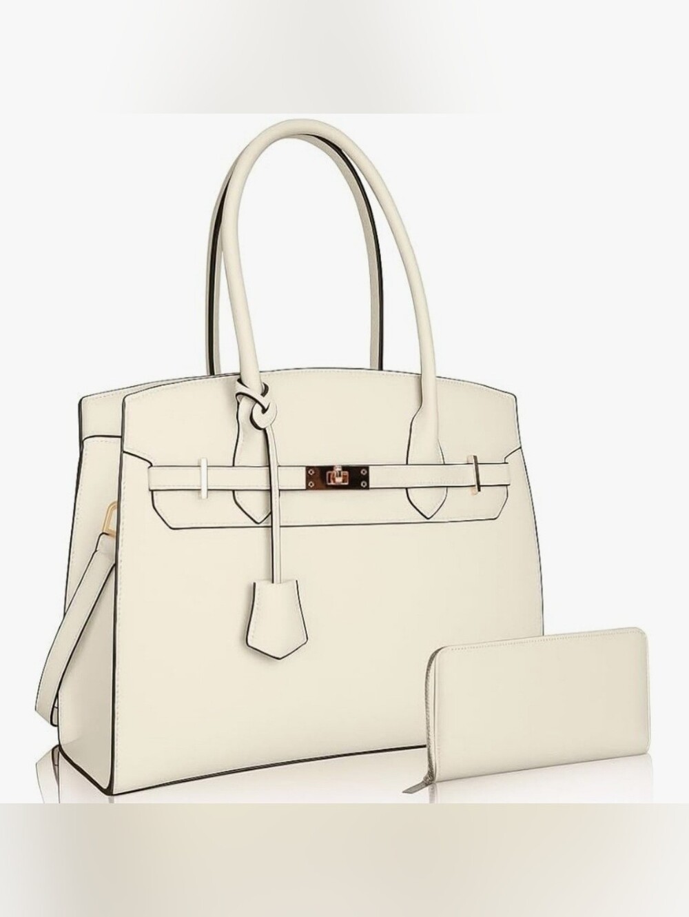 2pcs Elegant Ivory White Vegan Leather Structured Bag And Wallet